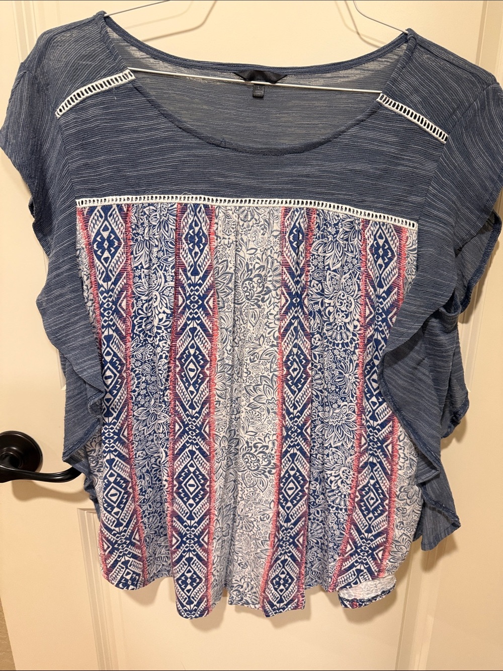 Women's Blue Patterned Short Sleeve Top
